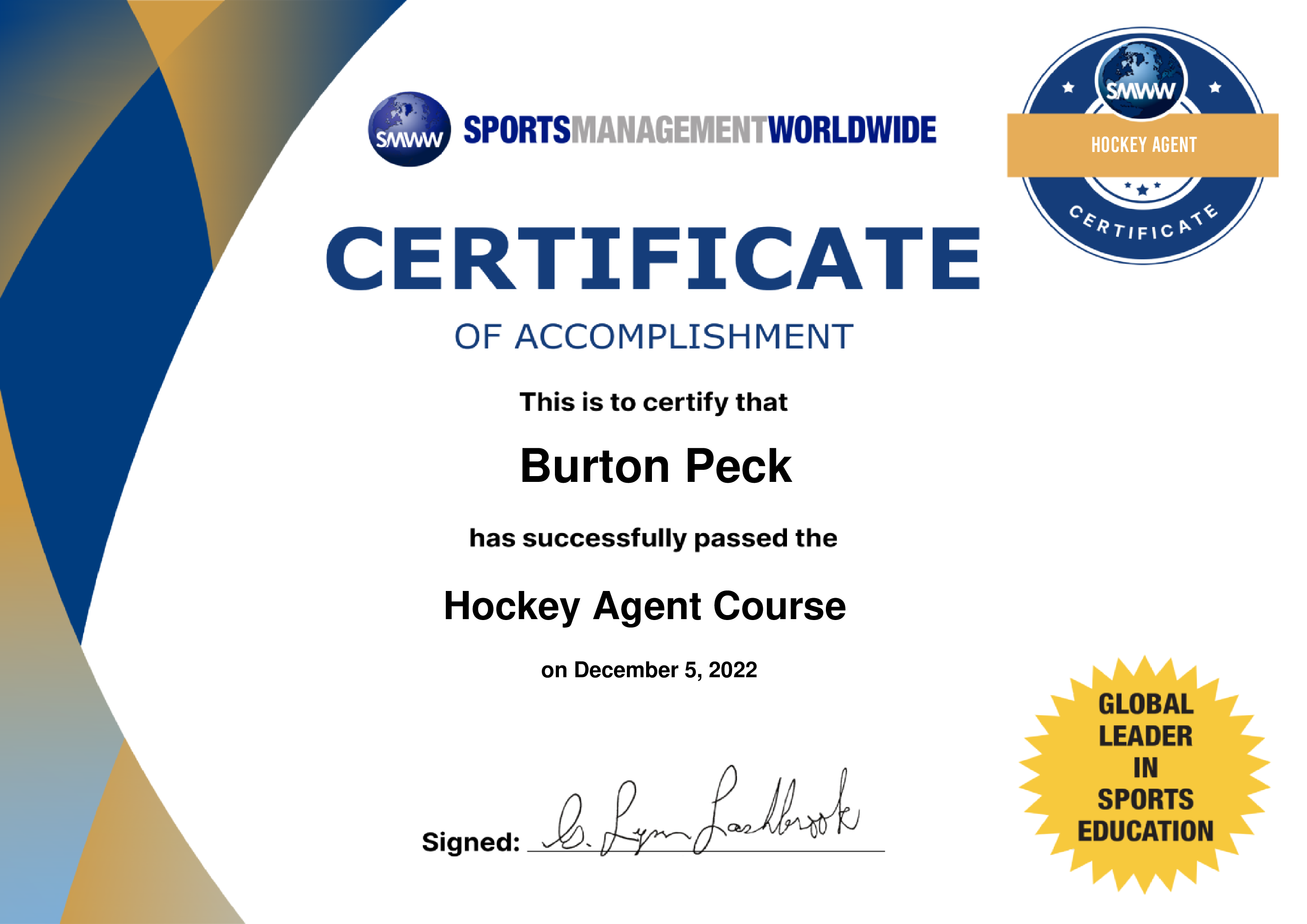 Hockey Agent Course Burton Peck SMWW